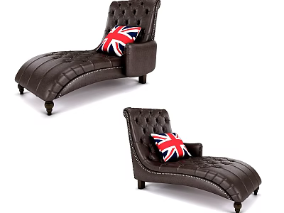 Brown Leather Tufted Chaise Lounge With Union Jack Cushion And Dark Wooden Legs 3d model