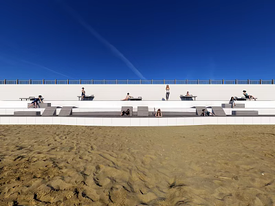 Outdoor Chairs On Beach With People Sitting Under Blue Sky And Railing Wall 3d model