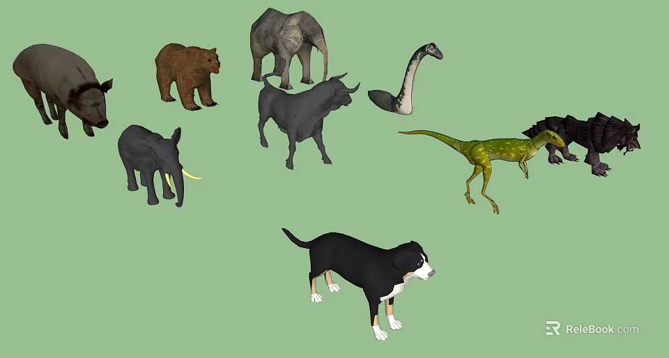 Reptiles Like Snake and Dinosaur Among Bear Elephant Cow and Dog in 3d model 