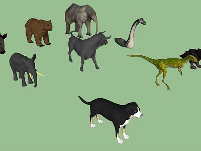 Reptiles Like Snake and Dinosaur Among Bear Elephant Cow and Dog in 3d model
