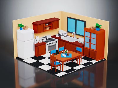 Cozy Kitchen Interior With Yellow Walls Brown Cabinets White Refrigerator And Checkered Floor 3d model