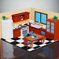 Cozy Kitchen Interior With Yellow Walls Brown Cabinets White Refrigerator And Checkered Floor