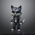 Cute Cartoon Wolf Figure Wearing Black Vest And Blue Jeans Standing On Dark Background