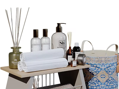 Bathroom Ensemble With Reed Diffusers Rolled White Towels Lotion Bottles And Storage Basket 3d model