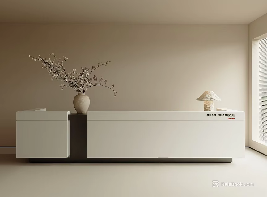 Modern White Reception Desk With Vase Of Flowers And Table Lamp In Flex Space Interior 3d model 