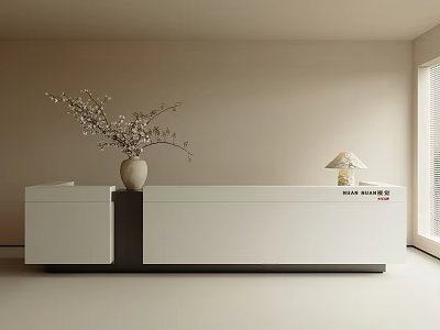 Modern White Reception Desk With Vase Of Flowers And Table Lamp In Flex Space Interior 3d model