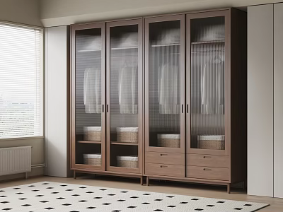 Wooden Wardrobe With Glass Doors Hanging Clothes Drawers And Baskets In Modern Bedroom 3d model