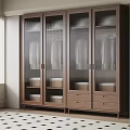 Wooden Wardrobe With Glass Doors Hanging Clothes Drawers And Baskets In Modern Bedroom