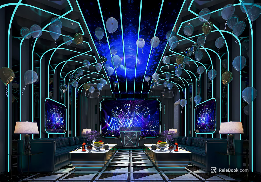Modern KTV Lounge Interior With Neon Lights Large Screen Comfortable Sofa And Decorative Lights 3d model 