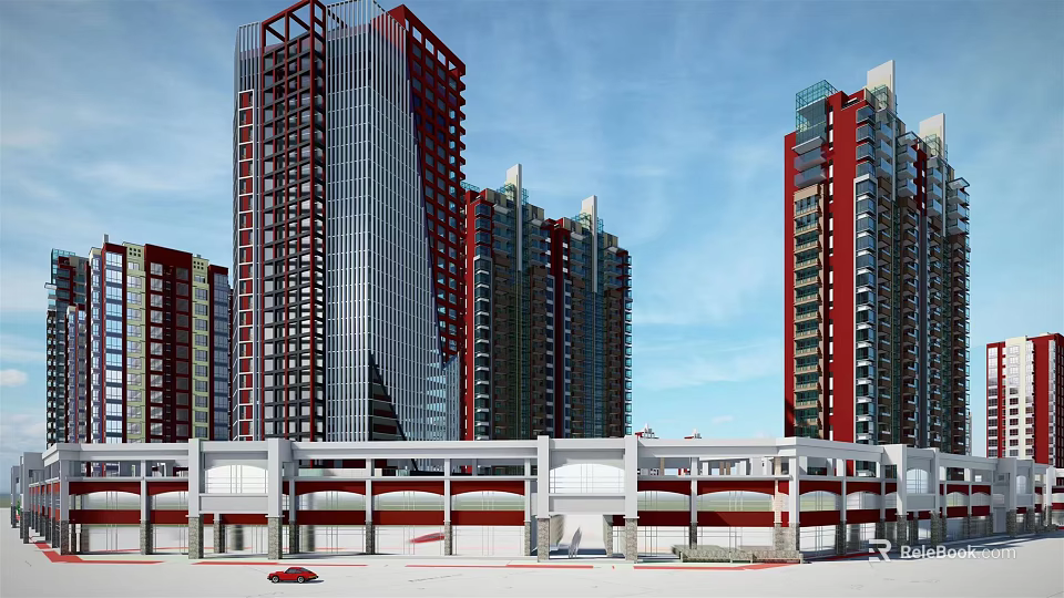 Modern Commercial Street With Red Glass High Rise Buildings And Parking Area 3d model 