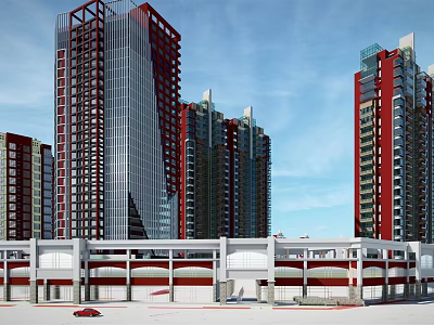 Modern Commercial Street With Red Glass High Rise Buildings And Parking Area 3d model