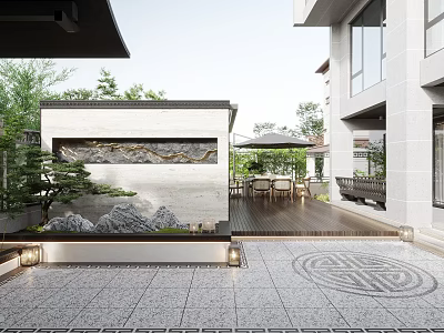 Rockery Stones In Traditional Courtyard With Water Feature Green Plants And Wooden Platform 3d model