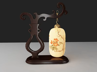 Traditional Curved Wooden Table Lamp With Cream Shade And Orange Floral Pattern 3d model