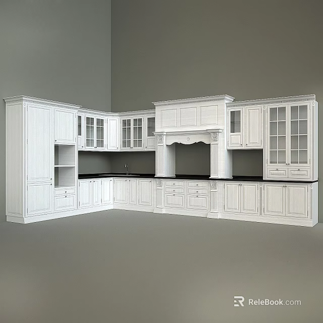 Spacious White Kitchen Cabinet Set With Glass Door Cabinets And Storage 3d model 