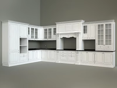 Spacious White Kitchen Cabinet Set With Glass Door Cabinets And Storage 3d model