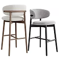 Modern Upholstered Bar Stools in Gray White Fabric with Black Metal and Wooden Legs