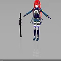 Red Haired Character In Armored Blue White Outfit With Arms Outstretched Holding Long Black Weapon
