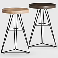 Two Modern Bar Stools with Wooden Round Seat and Black Metal Frame Legs