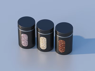 Three Black Spice Jars With Metallic Trim And Different Spice Patterns On Light Blue Background 3d model