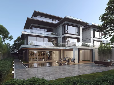 Modern Twin Villa With Large Glass Windows Balconies Courtyard Greenery And Outdoor Seating 3d model