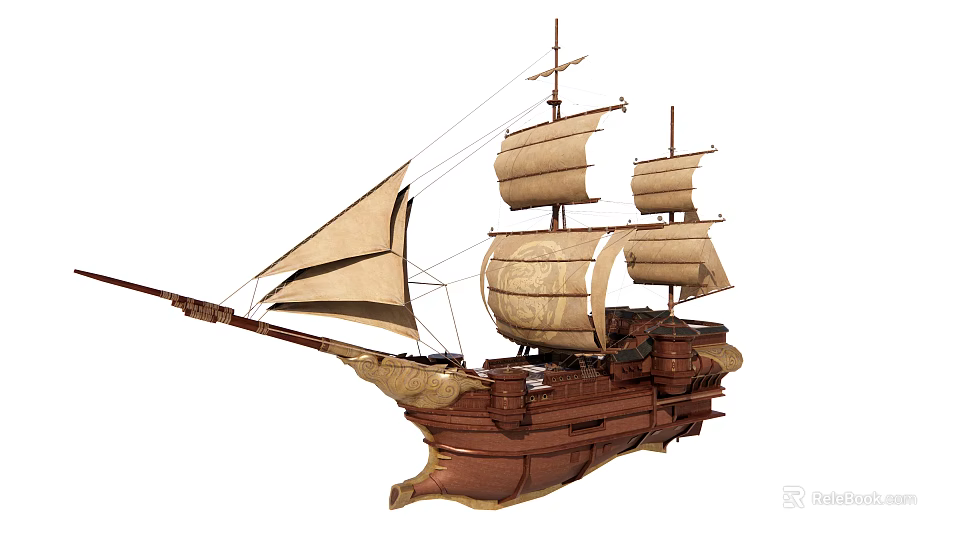 Vintage Wooden Sailing Ship With Canvas Sails And Wooden Masts Design 3d model 
