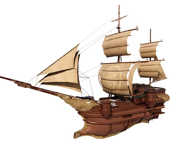 Vintage Wooden Sailing Ship With Canvas Sails And Wooden Masts Design 3d model