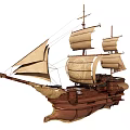 Vintage Wooden Sailing Ship With Canvas Sails And Wooden Masts Design