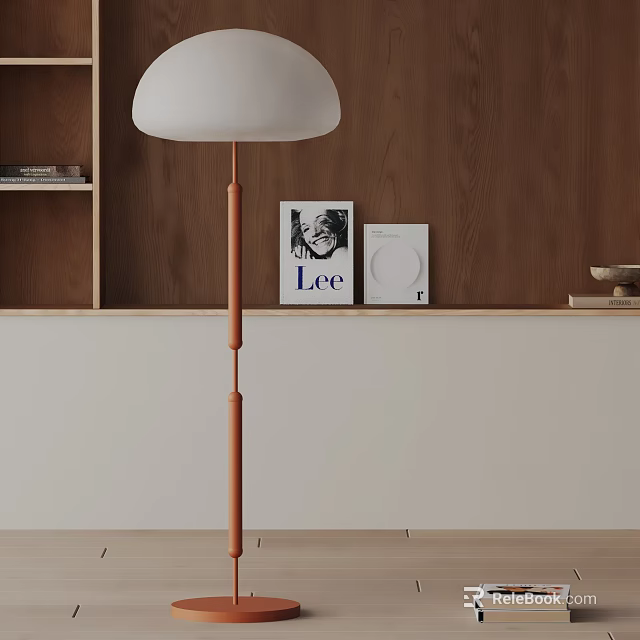 Modern Floor Lamp With White Shade Orange Pole Wooden Wall And Art Decor 3d model 