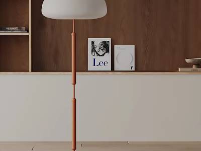 Modern Floor Lamp With White Shade Orange Pole Wooden Wall And Art Decor 3d model