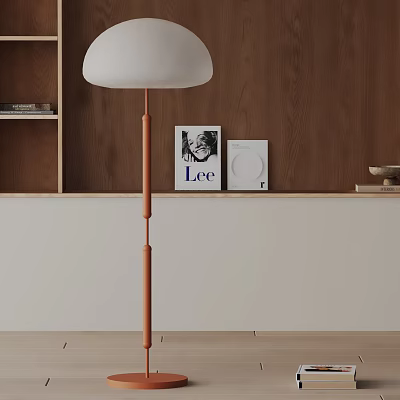 Modern Floor Lamp With White Shade Orange Pole Wooden Wall And Art Decor 3d model