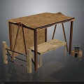 Vintage Wooden Street Stall Structure With Rustic Countertop Bench And Small Object On Stump