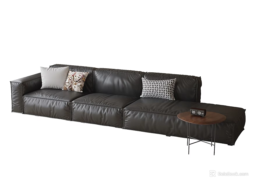 L Shaped Black Leather Sectional Sofa With Decorative Pillows And Side Coffee Table 3d model 