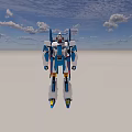 Blue and White Standing Robot Model Against Blue Sky with Clouds and Gray Ground