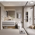 Modern Light Tones Bathroom Interior With Vanity Toilet Glass Shower And Mirror