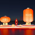 Art Installation Featuring Red Lanterns With Illuminated Design On Circular Platform And Water Reflection