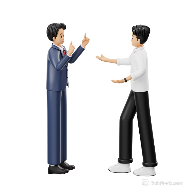 Two Men One in Blue Suit and One in White Shirt Interacting With Hand Gestures 3d model 