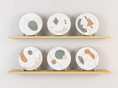 Decorative Plates With Abstract Geometric Patterns On Wooden Shelves In Neutral Tones 3d model