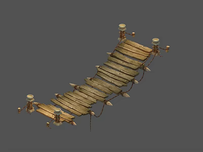 Wooden Bridge With Weathered Planks Decorative Lamp Posts And Metal Ropes Supports 3d model