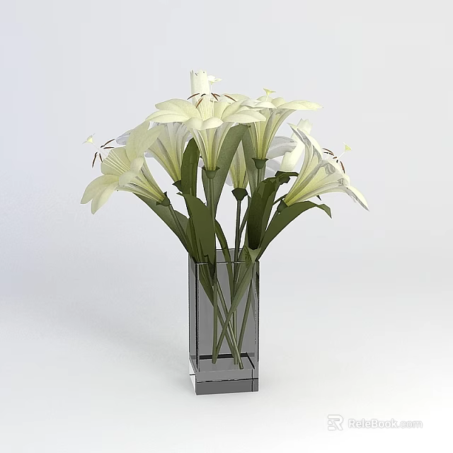 Tech Exhibition Hall Interior Featuring White Lilies In Transparent Square Glass Vase 3d model 