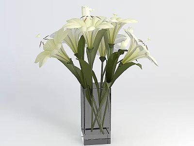 Tech Exhibition Hall Interior Featuring White Lilies In Transparent Square Glass Vase 3d model
