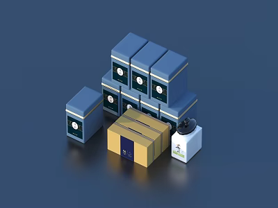 Household Storage Items With Stacked Blue Boxes Yellow Cardboard Box And White Lid Container 3d model