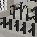Multiple Modern Stainless Steel Faucets Display On Gray Countertop With Window