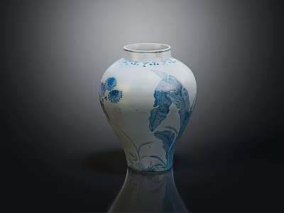 Traditional Blue and White Ceramic Vessel with Floral Bird Motifs and Reflection on Dark Background 3d model