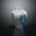 Traditional Blue and White Ceramic Vessel with Floral Bird Motifs and Reflection on Dark Background