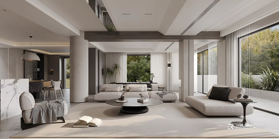 Modern Living And Dining Room With Gray Sofa Coffee Table Large Windows And Potted Plants 3d model