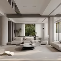 Modern Living And Dining Room With Gray Sofa Coffee Table Large Windows And Potted Plants 3d model