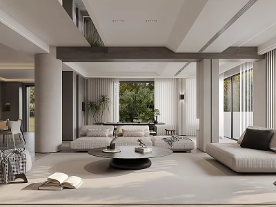 Modern Living And Dining Room With Gray Sofa Coffee Table Large Windows And Potted Plants 3d model