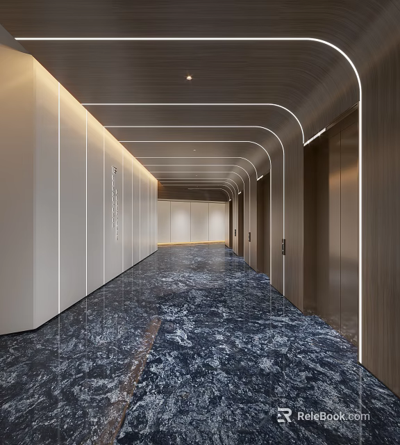 Modern Elevator Hallway Interior Design With Marble Floor Wooden Walls And Linear Lighting 3d model 