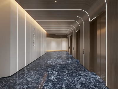 Modern Elevator Hallway Interior Design With Marble Floor Wooden Walls And Linear Lighting 3d model