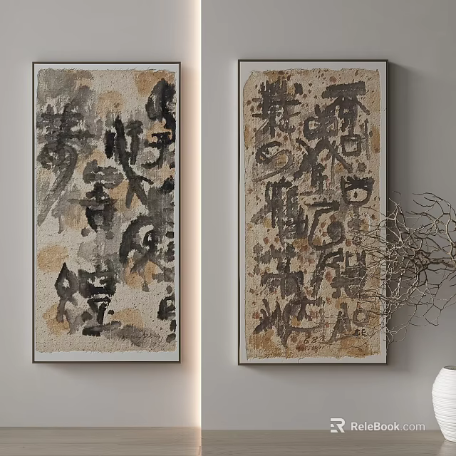 Vertical Abstract Calligraphy Artworks Hung On Light Colored Wall With Dried Branches 3d model